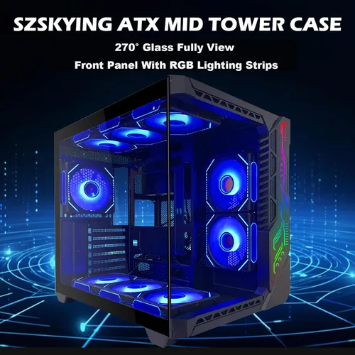 Miniatura 10 de SZSKYING Funda para PC ATX Mid-Tower Gaming con 9 ventiladores ARGB con control remoto, vidrio templado, radiador de 14.173 in, tipo C, negro.