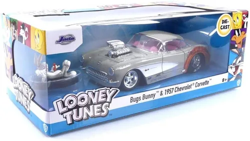 Miniatura 6 de Jada Looney Tunes 1:24 1957 Chevrolet Corvette - Coche fundido a presión y figura de Bugs Bunny de 7 cm, juguetes para niños y adultos Gris