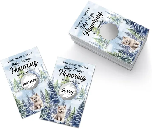 Miniatura 2 de Juego divertido de 50 piezas de Welcome To The Pack, tarjeta de rascar de lobo de nieve para baby shower, suministros de fiesta de cumpleaños