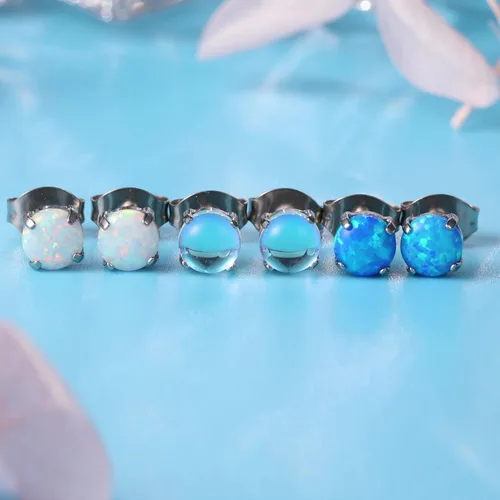 Miniatura 7 de Limerencia Aretes hipoalergénicos de titanio puro, ópalopiedra lunaojo de gatoturquesa azul, grado de implante, joyería delicada para orejas