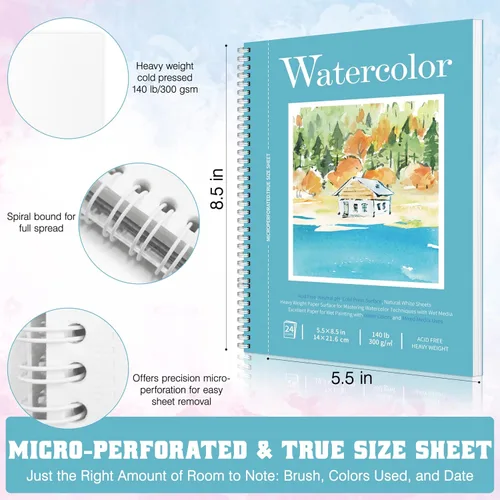 Miniatura 2 de Bloc de papel de acuarela, cuaderno de bocetos de acuarela de 5.5 x 8.5 pulgadas, 140 libras/300 gsm, cuaderno de acuarela encuadernado en espiral