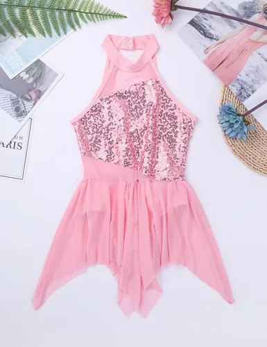 Miniatura 25 de YiZYiF Vestido de baile de lentejuelas para niños y niñas, leotardo de ballet, cuello alto, vestido lírico, traje de rendimiento irregular