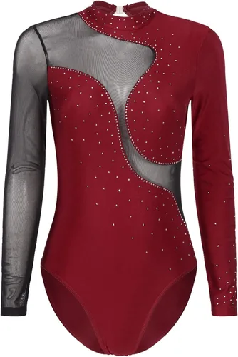 Miniatura 8 de iiniim Leotardo de malla para mujer, con diamantes de imitación, de malla, de manga larga, leotardos de gimnasia