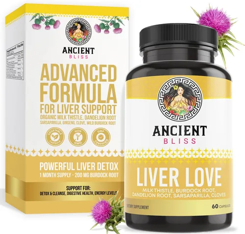 Ancient Bliss Liver Love - Suplemento natural de desintoxicación hepática y salud hepática de cardo mariano - Apoya el hígado saludable en hombres y