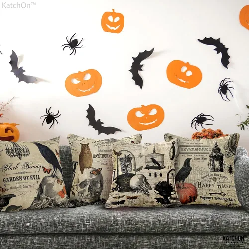 Miniatura 4 de KatchOn, Fundas de almohada vintage de Halloween de 18 x 18 pulgadas, paquete de 4 fundas de almohada de calavera Fundas de cojín de calabaza