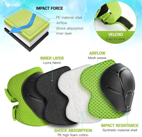 Miniatura 6 de Conjunto de casco de bicicleta para niños pequeños con rodilleras, casco de ciclismo ajustable para niño y niña, equipo de protección Verde