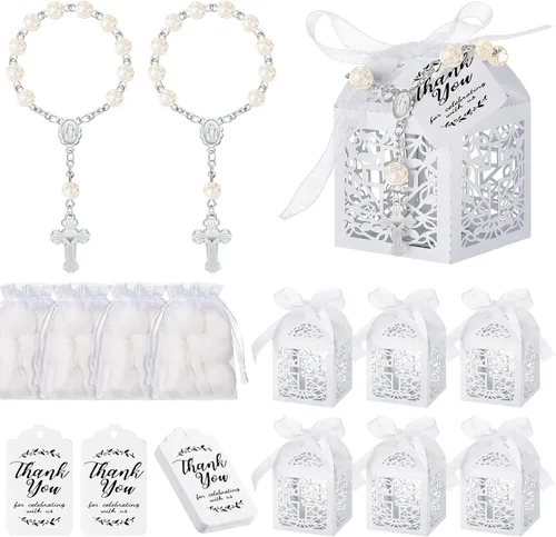 El juego de 100 recuerdos de bautismo incluye 25 piezas de mini rosario, cajas de regalo de bautismo cortadas con láser, bolsas de organza blanca y