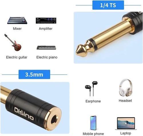 Miniatura 5 de Adaptador estéreo mono de 1/4 pulgadas a 1/8 pulgadas, nuevo conector TS macho de 0.250 in chapado en oro a adaptador estéreo TRS hembra de 0.138 in