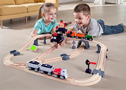 Miniatura 2 de Hape Juego de grúa y tren de carga Juego de juguetes de ferrocarril de madera con grúa magnética, cargador accionado por botones y señal de riel