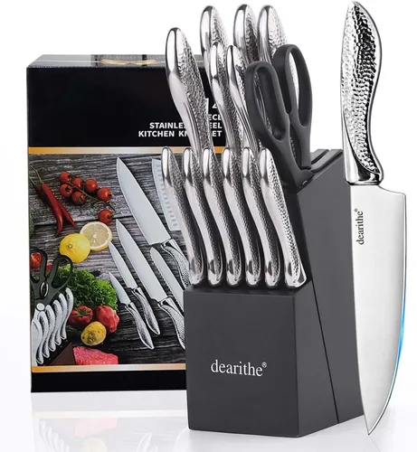 Juego de cuchillos para cocina con bloque, juego de 14 piezas de bloque de cuchillos de acero inoxidable de alto carbono con afilador incorporado,