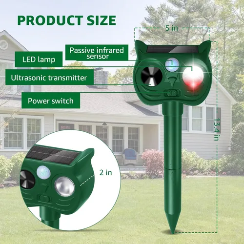 Miniatura 2 de Repelente solar ultrasónico de animales con sensor de movimiento para exteriores, dispositivos repelentes de ciervos, ardilla, gato, mapache, Luces