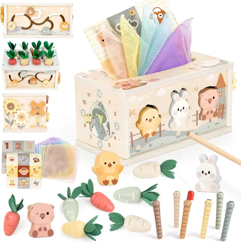Joyreal Caja de Pañuelos Montessori 8 en 1 para Bebé de 12 Meses - Cubo de Actividades de Madera de Color Neutro para Niños y Niñas Regalos de