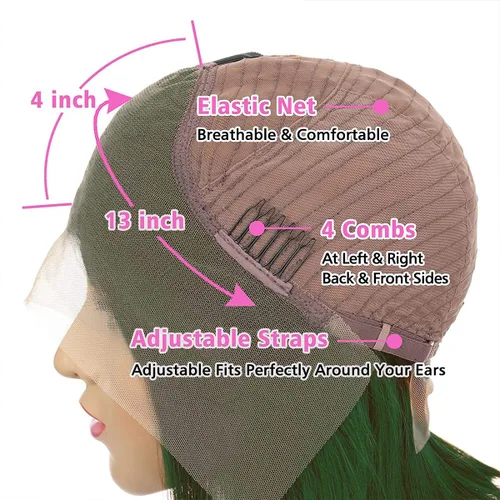 Miniatura 4 de Colorful Bird Pelucas de cabello humano brasileño ondulado con encaje frontal de 13 x 4 HD, predepilada con abuelitos, color verde oscuro, pelucas
