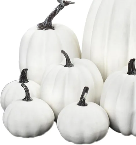 Miniatura 4 de Juego de 7 calabazas artificiales para decoración de otoño, juego de calabazas falsas, calabazas blancas de plástico para decoración, calabazas