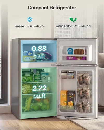 Miniatura 4 de Upstreman Mini refrigerador de 3.1 pies cúbicos con congelador, refrigerador pequeño de doble puerta, termostato ajustable, mini refrigerador