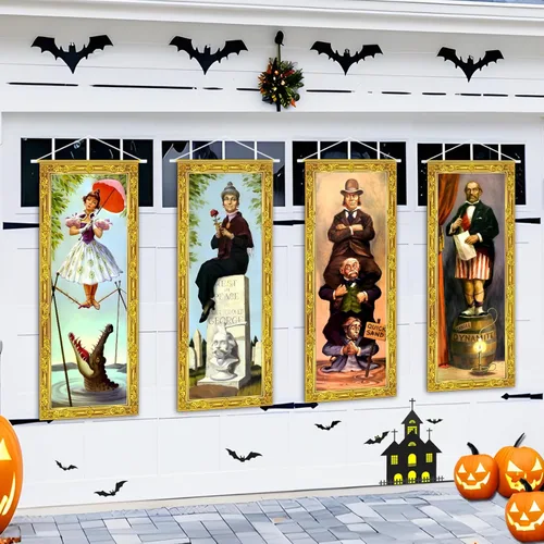 Decoraciones de Halloween, 4 piezas grandes, diseño de mansión embrujada, retratos estirados, decoración de fondo de vinilo vintage, póster de