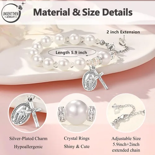 Miniatura 3 de UNGENT THEM Pulsera de perlas con cruz de rosario, bautismo, comunión, confirmación católica, regalos de Pascua para niñas, nieta, hija, sobrina