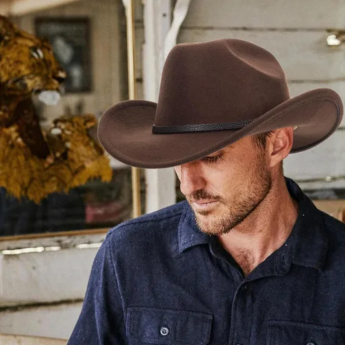 Miniatura 33 de Sombrero de vaquero clásico de fieltro occidental para mujeres y hombres de ala ancha con hebilla de cinturón (tamaño: mediano-grande)