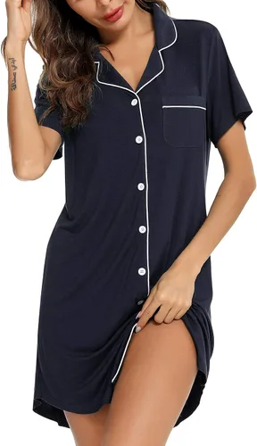 Miniatura 2 de Samring Camisón de pijama para mujer, manga cortalarga, con botones, camisón para dormir, camisón para novio, talla XXL