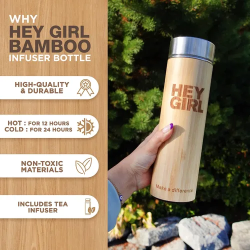 Miniatura 3 de Hey Girl - Botella infusor de té de bambú con colador de té, botella de agua aislada de acero inoxidable para té y café de hojas sueltas, vaso de té