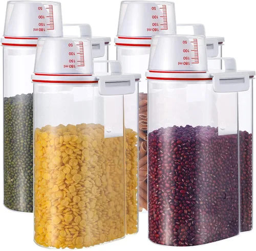 Miniatura 8 de Juego de 4 recipientes herméticos de almacenamiento de alimentos con dispensador de tazas medidoras, recipientes de plástico con tapas para arroz