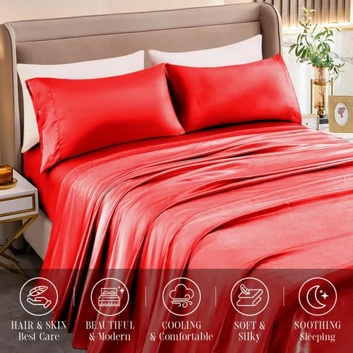 Miniatura 5 de Elegant Comfort Lujoso juego de sábanas de satén sedoso de 4 piezas, agradable para la piel y el cabello, resistente a las arrugas, la decoloración