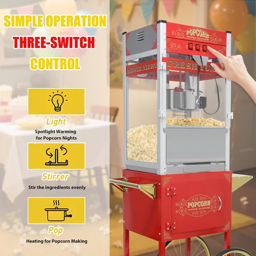 Miniatura 9 de Máquina comercial de palomitas de maíz de 20 onzas con carrito - 100 tazas, hervidor de acero inoxidable, luz de calentamiento - Palomitero portátil