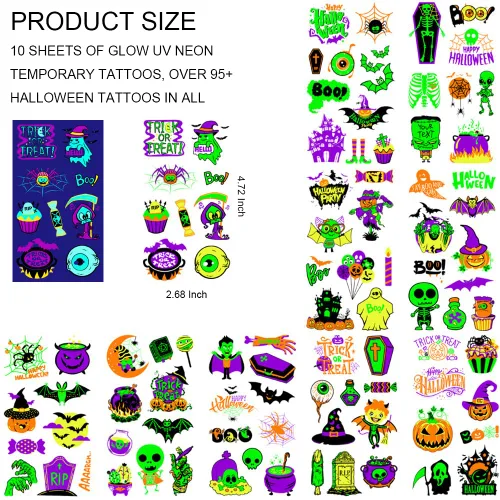 Miniatura 5 de 10 hojas de tatuajes temporales de neón de Halloween que brillan bajo los rayos UV, más de 95 estilos, impermeables, para fiestas de niños, niños