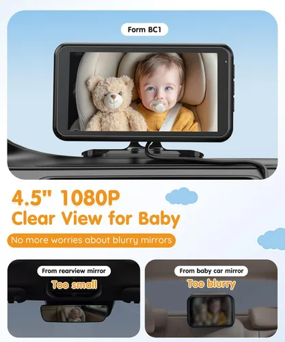 Miniatura 2 de Babyvue BC1 - Cámara de coche para bebé, pantalla HD 1080P de 4.5 pulgadas y zoom 3X, monitor de bebé automático de visión nocturna IR con brillo