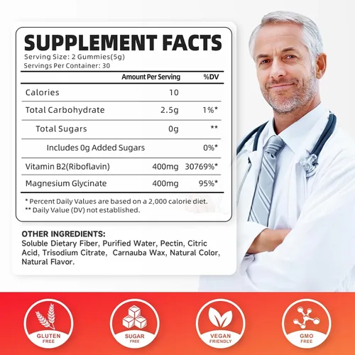 Miniatura 2 de Gomitas de vitamina B2, riboflavina de 400 mg con magnesio para niños y adultos, gomitas B2 para alivio de la migraña y apoyo energético, sabor a