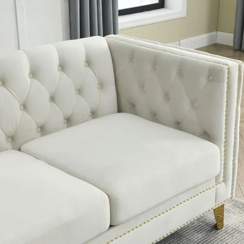 Miniatura 7 de KEIKI Sofá de terciopelo copetudo de 2 plazas para sala de estar, sofá con brazos cuadrados copetudos para apartamento en el hogar, color beige