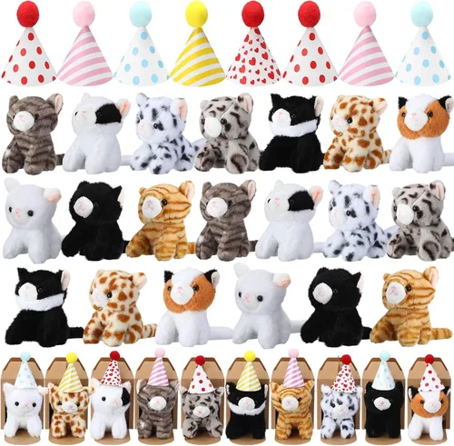 Miniatura 9 de Juego de 20 Mini Juguetes de Peluche Animales de Peluche Perros con Sombreros de Cumpleaños Cajas de Papel Kraft Cachorros de Peluche Pequeños