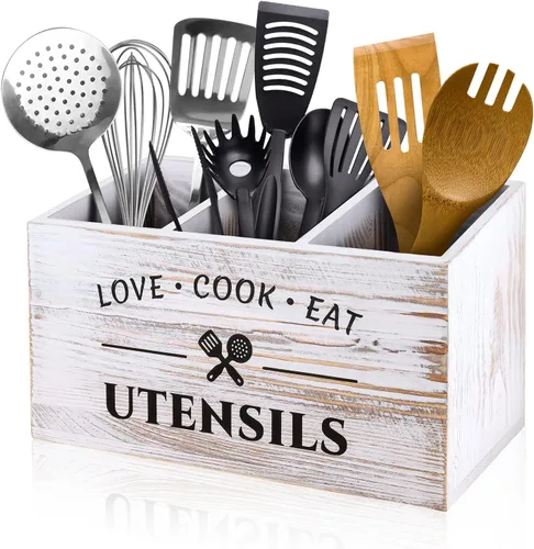 Miniatura 10 de MINCORD Soporte para utensilios de cocina con 3 compartimentos, caja organizadora de almacenamiento de madera rústica, caja organizadora