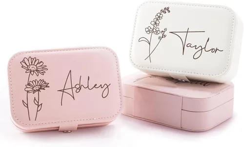 Miniatura 10 de Corissy Joyero personalizado para mujer, joyero de viaje personalizado con nombre y flor de nacimiento, joyero de cuero para anillos, aretes