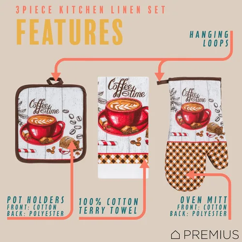 Miniatura 2 de Juego de ropa de cocina estampada Coffee Time de 3 piezas, 1 toalla de algodón, 1 agarradera, 1 guante de horno con lazo para colgar, material 100%