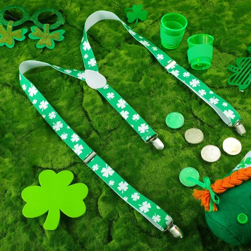 Miniatura 7 de Geyoga 3 juegos de tirantes verdes para el día de San Patricio tirantes elásticos ajustables para hombre con clips trébol con copas y alfileres