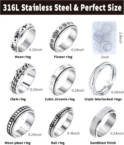 Miniatura 5 de Anillos giratorios MUCAL para ansiedad 8 piezas de anillo giratorio de acero inoxidable anillo anti ansiedad anillo giratorio con luna y estrella