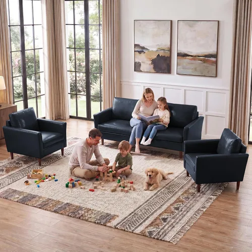 Miniatura 30 de Kingfun Juego de muebles de sala de estar, sofá de 3 plazas, sofá biplaza y sofá biplaza, juego de sofá moderno de mediados de siglo, sofá de piel
