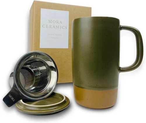 Mora Ceramics - Taza de té grande con infusor de hojas sueltas y tapa de cerámica, 18 onzas, portátil, apta para microondas y lavavajillas, taza de