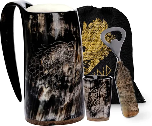 Miniatura 10 de FENRIR Taza de cuerno vikingo de 16 onzas con vaso de chupito, regalos vikingos para hombres y mujeres, abridor de botellas, jarra de cuerno de buey