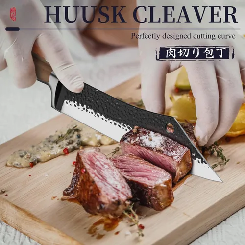 Miniatura 2 de Huusk Regalos de parrilla para hombres, cuchillo de carnicero forjado a mano de alto carbono japonés vikingo tallado cuchillos para rebanar barbacoa