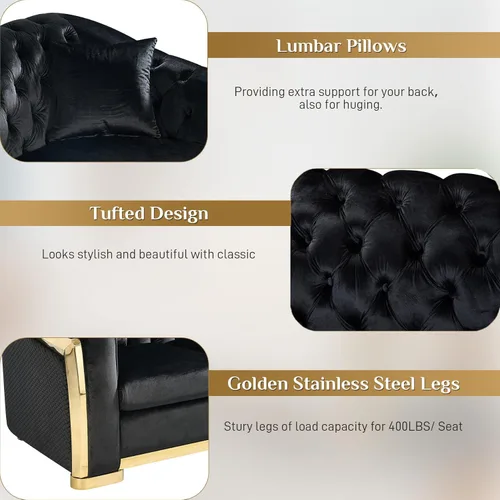 Miniatura 3 de DAMAIFROM Sofá Chesterfield moderno de mediados de siglo, sofá de terciopelo de 62"+84" pulgadas, sofá de terciopelo negro y dorado, sofá curvo