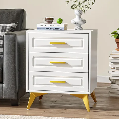 Miniatura 7 de Giluta Mesita de noche blanca con 3 cajones, moderna mesita de noche con patas y asas de metal macizo dorado, mesa de noche de madera, mesa auxiliar