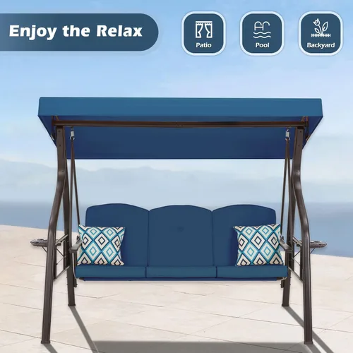Miniatura 6 de ZZW Columpio de porche al aire libre de 3 asientos con soporte, columpio de patio con toldo, cama de columpio de porche 2 en 1 y silla columpio