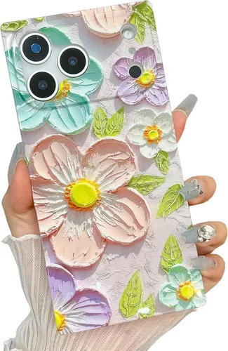 Miniatura 21 de Funda compatible con iPhone 14 Pro con borde rectangular, bonita funda protectora de lujo con pintura al óleo y flores para mujeres y niñas, funda
