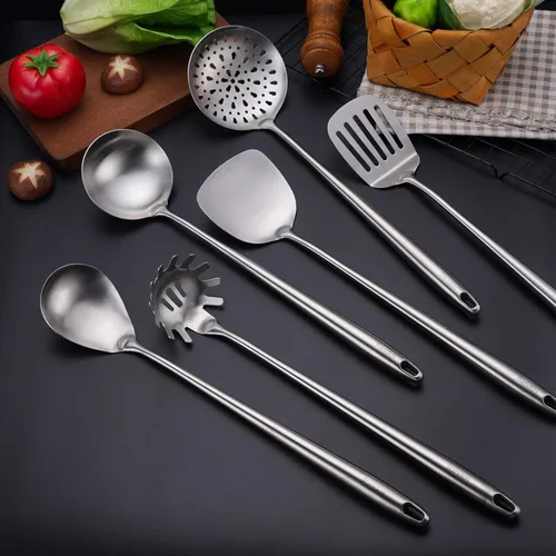 Miniatura 8 de Espátula y cucharón de 17 pulgadas, juego de herramientas de wok de acero inoxidable 304, 2 herramientas de cocina de mango extra largo, utensilios