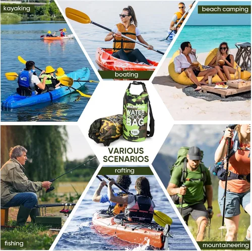 Miniatura 7 de Bolsa seca impermeable de 5L/10L/15L/20L/30L Mochila de almacenamiento en seco con funda para teléfono, botella de agua plegable, gafas de sol, Verde