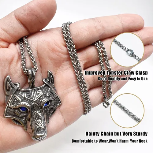 Miniatura 5 de Collar de talismán de lobo vikingo Fenrir cadena de acero inoxidable para hombre, joyería vintage para hombre, colgante de amuleto vikingo pagano