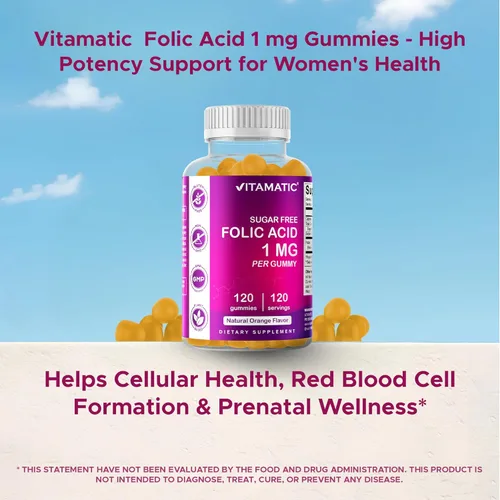 Miniatura 4 de Vitamatic Gomitas de ácido fólico 1000 mcg (1 mg), vitaminas prenatales esenciales para mamá y bebé, gomitas veganas de vitamina B9-120 (2)