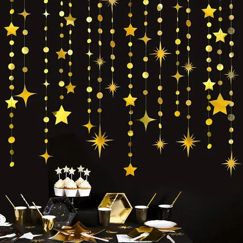 Guirnalda de papel dorada para decoración de fiesta con estrellas, círculos y puntos, papel brillante, banderines, serpentinas metálicas para